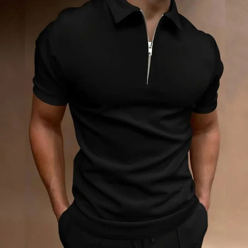 Summer Vibes Men's Polo Shirt - Solid Color, Short Sleeve, Zippered Turn-Down Collar for Effortless Casual Style