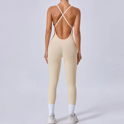 Rompers Yoga Sets Solid Black Hollow Out Bandage Backless Cross Jumpsuit for Women Fitness One-piece Gym Clothing Tracksuit Beige