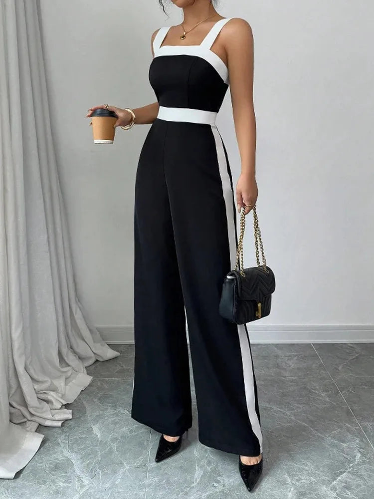 Women's Casual Black Jumpsuit White Contrast Trim Square Neck Great for City Nights Social Gatherings Fashionable Wear Badiee Stylez