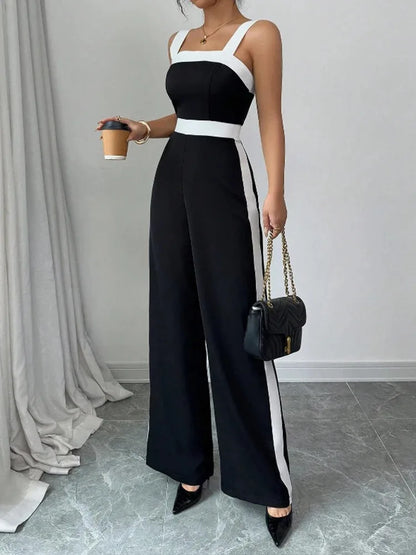 Women's Casual Black Jumpsuit White Contrast Trim Square Neck Great for City Nights Social Gatherings Fashionable Wear Badiee Stylez