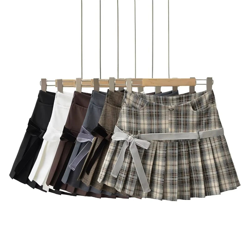 Women's Y2k A-line Pleated Skirt Vintage Plaid Mini Skirt Harajuku Korean Elegant Preppy Style Bow Skirts 2000s Clothes Summer