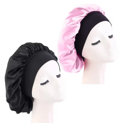 Women's Satin Solid Bonnets Wide-brimmed Night Sleeping Bathing Hat Unisex Head Wrap Elastic Band Cap Hair Care Bonnet black pink One Size
