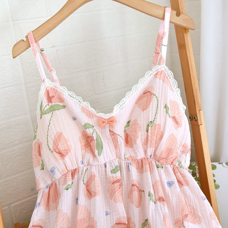 2025 New Summer Women's Pajama Set 100% Cotton Suspenders+Shorts with Chest Pads Two Piece Set of Ladies Flower Home Furnishings