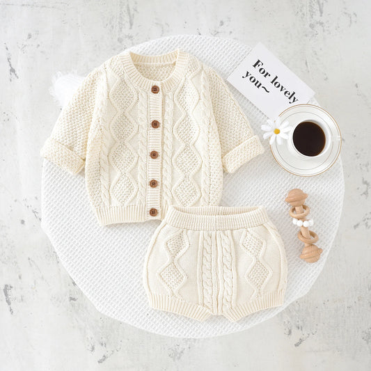 Baby Clothes Sets Cotton Knitted Newborn Boys Girl Sweater Long Sleeve +Pants Autumn Infant Children Cardigan +Shorts 0-18M 2PCS