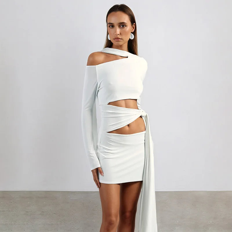 Nsauye Women New Fashion Halter Long Sleeve Mini Hollow Out Irregular Dress Outfits Elegant Sexy Night Club Lace Up Party Dress