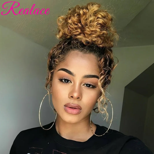Water Wave 30 Inch Invisible Strap 360 Full Lace Front Wig Honey Blonde Highlight Deep Wave Frontal Wig Glueless Wig Human Hair Invisible Strap 360