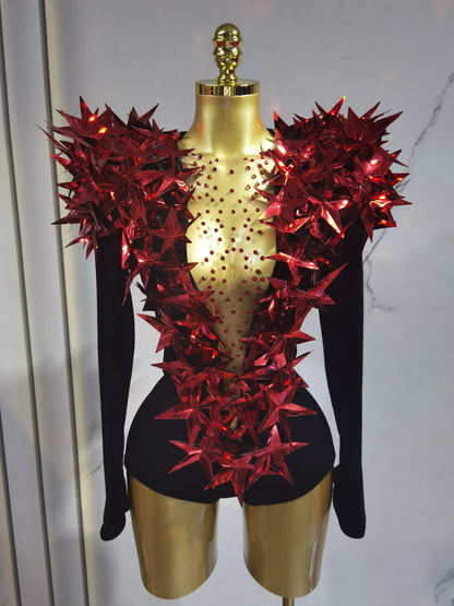 2025 New Shiny Black Rhinestone Velvet Long Sleeve Bodysuit Women Evening Party Club Gala Hosts NightClub Bar Stage Costumes Red