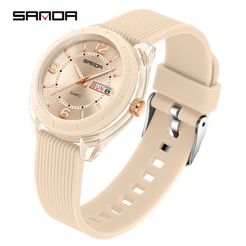 SANDA Quartz Watch for Women Waterproof Auto Date Week Elegant Luxury Ladies Wristwatch Waterproof Analog Women's Watches khaki