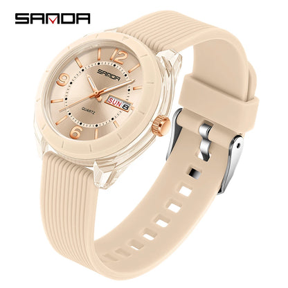 SANDA Quartz Watch for Women Waterproof Auto Date Week Elegant Luxury Ladies Wristwatch Waterproof Analog Women's Watches khaki