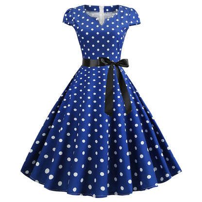 Woman Retro Dresses Audrey Hepburn 1950s 60s Rockabilly Polka Dot Printed Bowknot Pinup Ball Gown Party Dress Robe Vestidos Blue