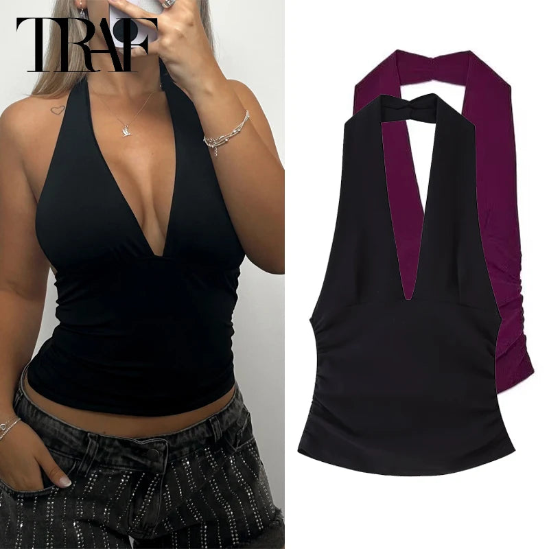 TRAF Halter Top Women Off Shoulder Deep V-Neck Crop Top y2k Sexy Backless Tank Top Street Style Casual Women's Summer Tops 2025