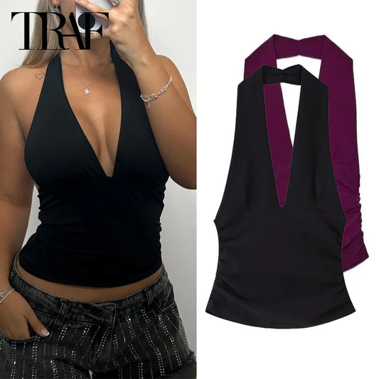 TRAF Halter Top Women Off Shoulder Deep V-Neck Crop Top y2k Sexy Backless Tank Top Street Style Casual Women's Summer Tops 2025