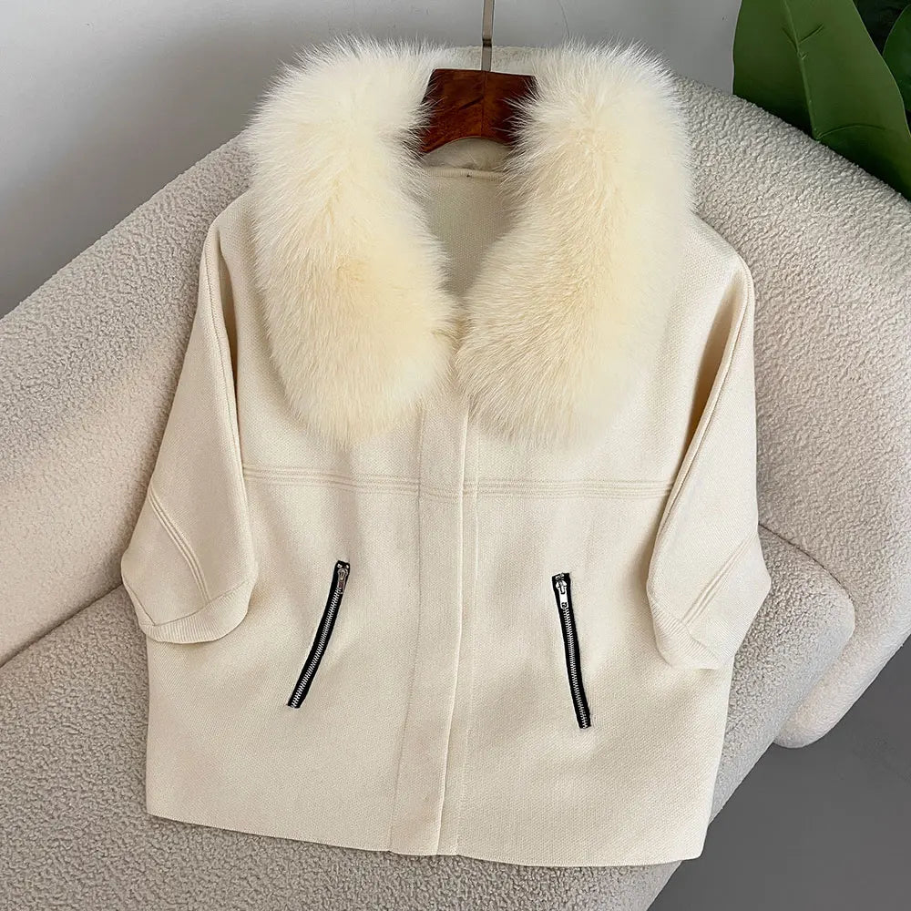 FURYOURSELF 2025 New Real Fox Raccoon Fur Collar Coat Knitted Sweater Women Short Sleeve Jacket Thick Warm Outerwear streetwear