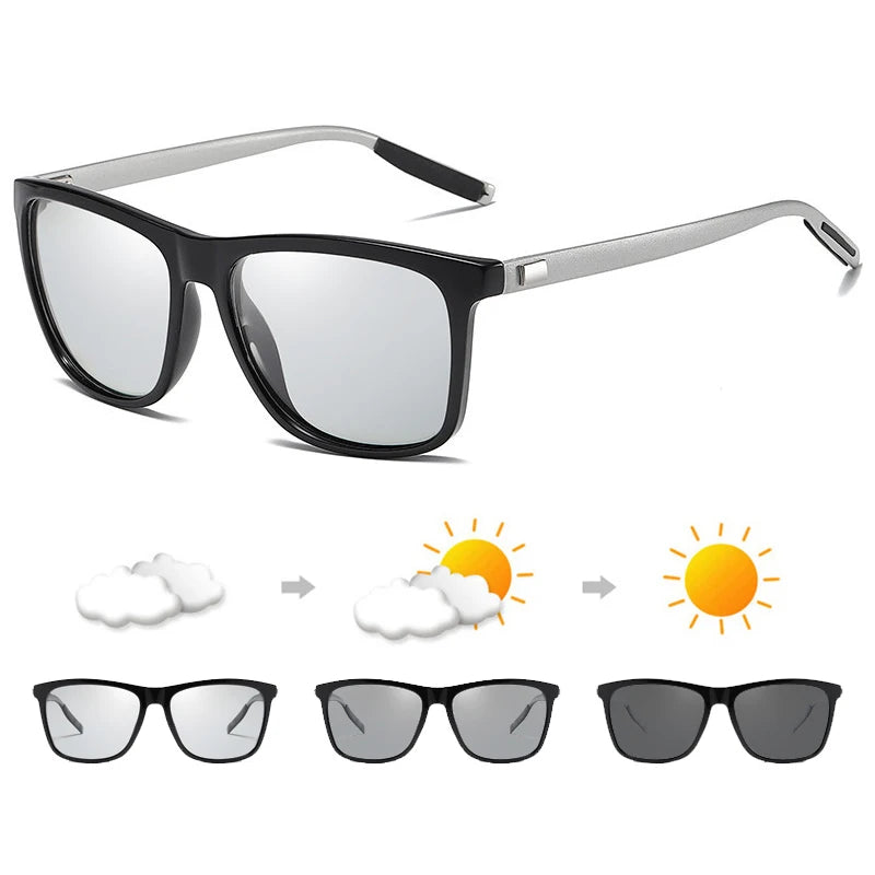 Luxury Square Photochromic Sunglasses Men Women Classic Black Polarized Sun Glasses Male High Quality Chameleon Driving Shades Silver Photochromic
