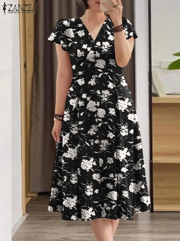 ZANZEA Woman Summer Dresses Ruffle Sleeve V-Neck Cinch Waist, Womens Elegant Floral Printing Party Commute A-Line Midi Sundress black