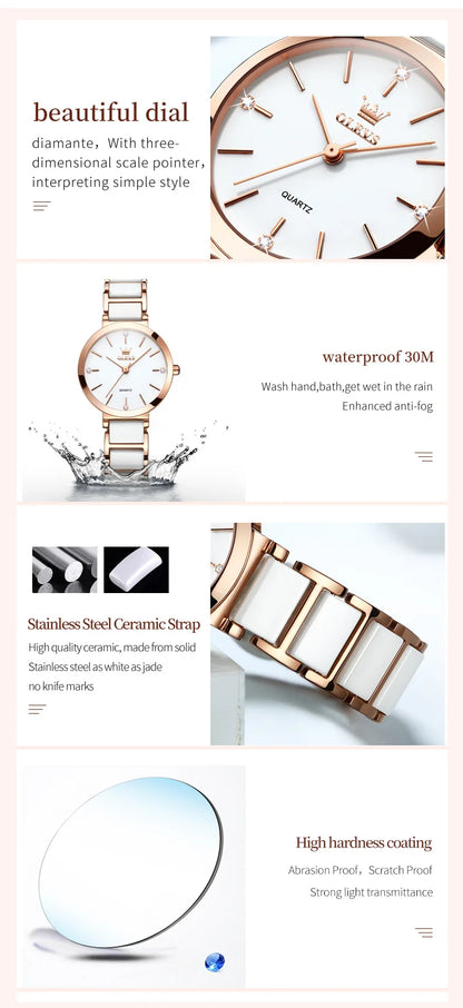 OLEVS Luxury Brand Women Watches Ceramic Tape Japanese Movement Quartz Watch for Lady Gift Bracelet Fashion Versatile Exquisite