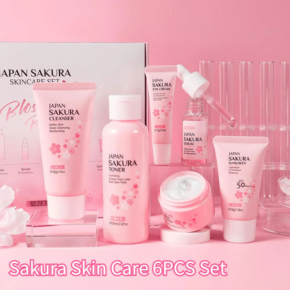 6pcs/Set Sakura Skin Care Sets Face Cream Serum Toner Facial Cleanser Sunscreen Eye Cream Face Skin Care Set Product Gift box Badiee Stylez