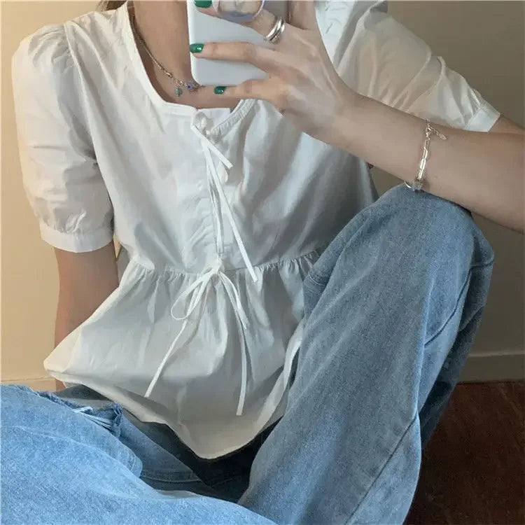 Ruffles Shirts and Blouses Korea Short Sleeve Top Women 2024 Summer Lace-up Sweet Blouses Cute Elegant Solid Sweet Folds Clothes
