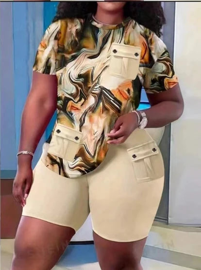 Two Piece Sets Women Short Pant Set Print Round Neck Casual Tops Sheath High Waist Shorts Pants Casual Slim Fit Summer khaki