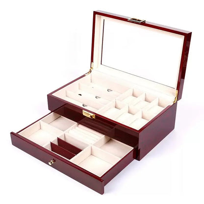 Double Layer Watch Storage Box with Drawer - Glass Display Case for Sunglasses Rings Bracelets Earrings Necklaces Jewelry Organi