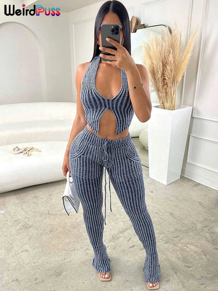 Weird Puss Patchwork Striped Women Casual 2 Piece Set Crochet Halter Low-Neck Vest+Pocket Pants Stretch Skinny Matching Suit Badiee Stylez