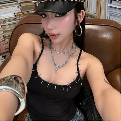 Y2k American style rivet vest aesthetic women's Grunge solid color navel top cool girl sleeveless casual women's 2000s top