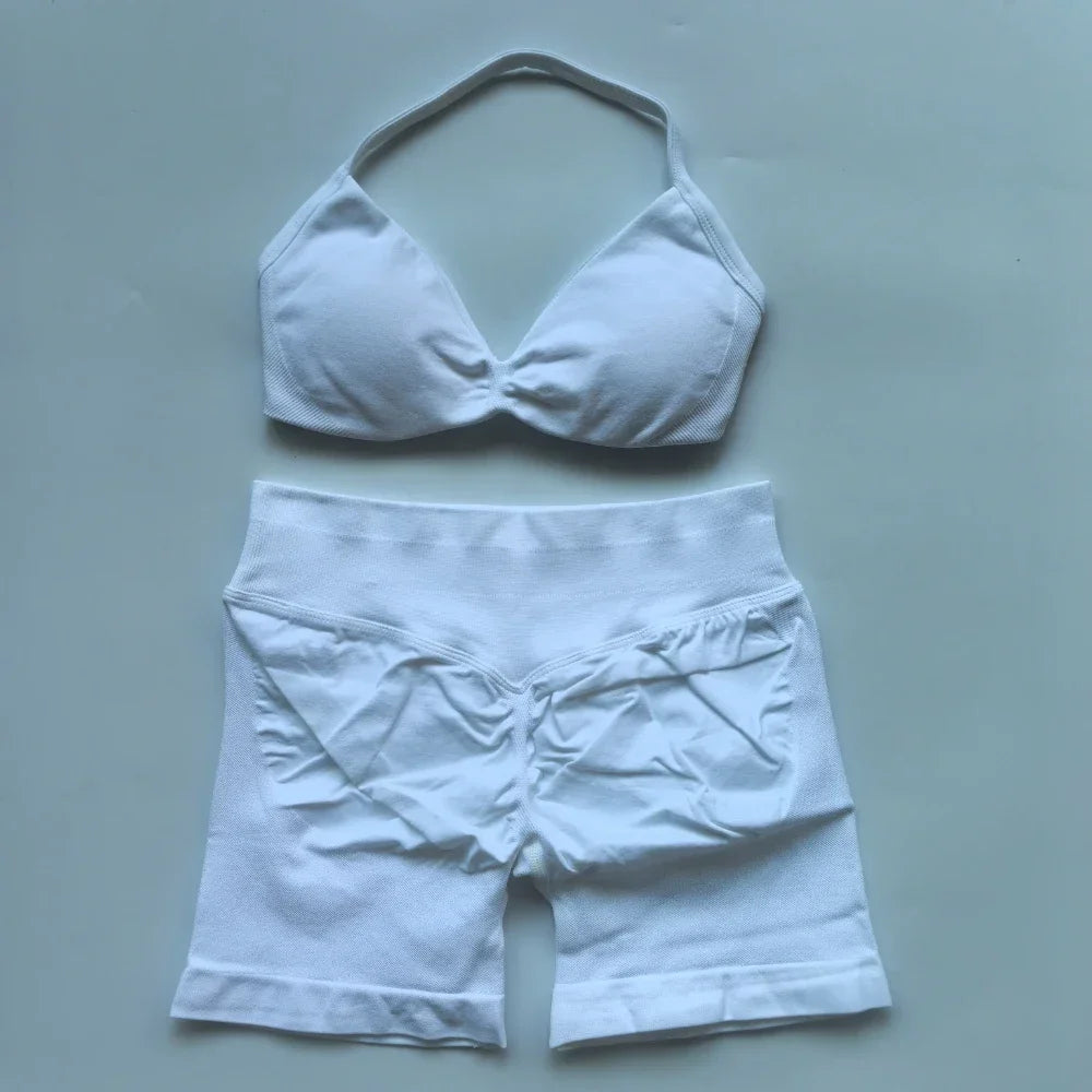 NO LOGO 2PCS Gym Set Women Strappy Yoga Bra Top High Waist Workout Scrunch Shorts Sports Suit Seamless Yoga Set Fitness Clothes Badiee Stylez