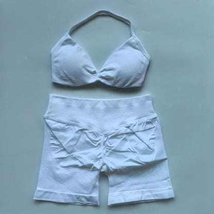 NO LOGO 2PCS Gym Set Women Strappy Yoga Bra Top High Waist Workout Scrunch Shorts Sports Suit Seamless Yoga Set Fitness Clothes Badiee Stylez