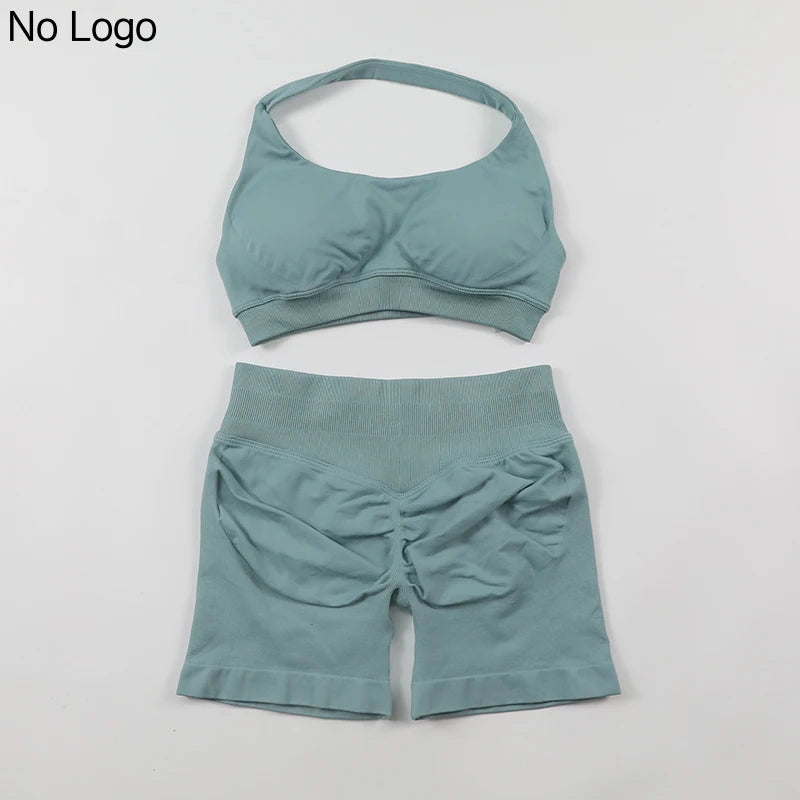 Fitness Shorts Sets Seamless Yoga Set Women 2Pcs Halter Sports Bra Scrunch Butt Gym Shorts Set Workout Clothes Summer Sportswear Badiee Stylez