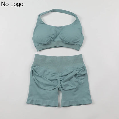 Fitness Shorts Sets Seamless Yoga Set Women 2Pcs Halter Sports Bra Scrunch Butt Gym Shorts Set Workout Clothes Summer Sportswear Badiee Stylez