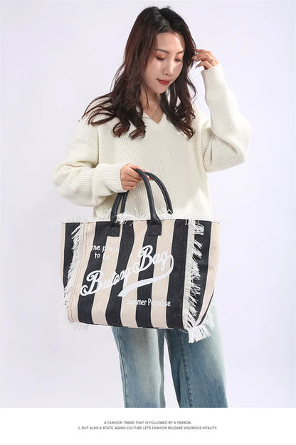 European and American Letters Tassel Canvas Bag Arge Capacity Handbags Travel Women Beach Tote Bag Fashion Casual Shopping Bags