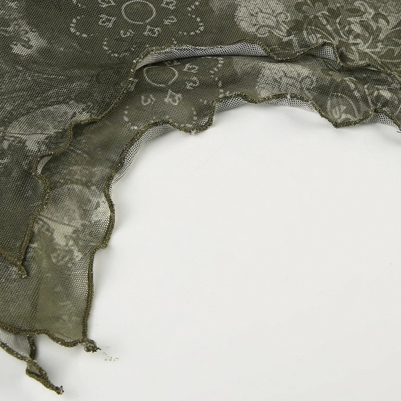 Rockmore Boho Vintage Print Mesh Patchwork Crop Top Women V Neck Camis Y2K Streetwear Female Coquette Aesthetic Clothes 2024