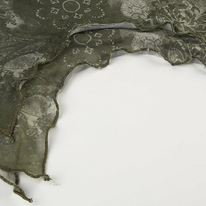 Rockmore Boho Vintage Print Mesh Patchwork Crop Top Women V Neck Camis Y2K Streetwear Female Coquette Aesthetic Clothes 2024