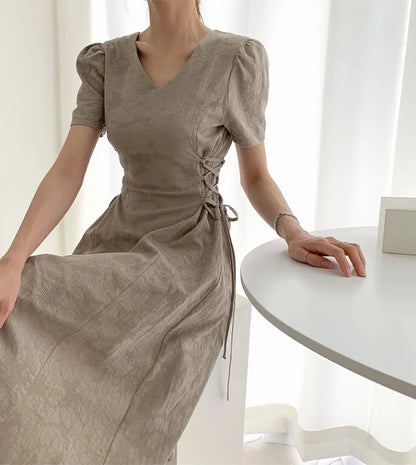 Cotton Linen Dress Long New Hot Sales Woman Short Sleeve Solid Retro Vintage Long Dresses