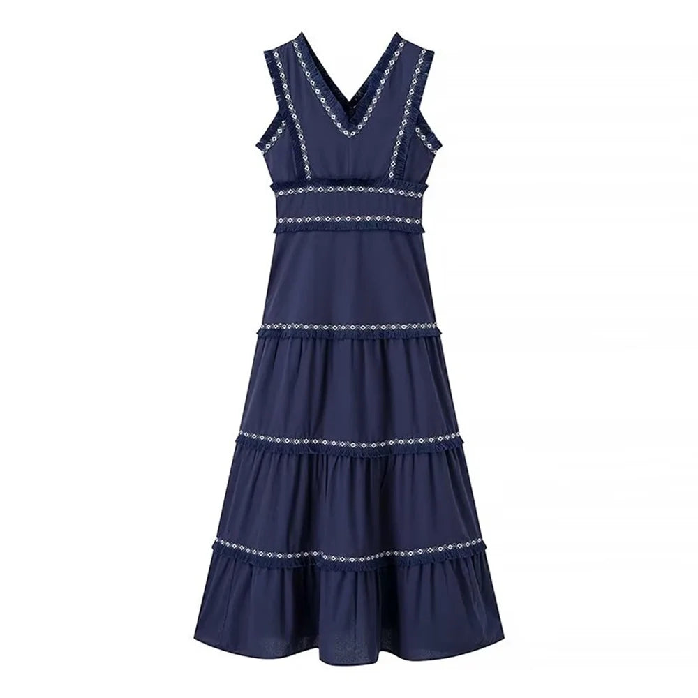 PB&ZA2024 Summer New Product: Casual Women's Fashion V-neck Sleeveless Waist Collection with Tassel Decoration Dress DEEP BLUE