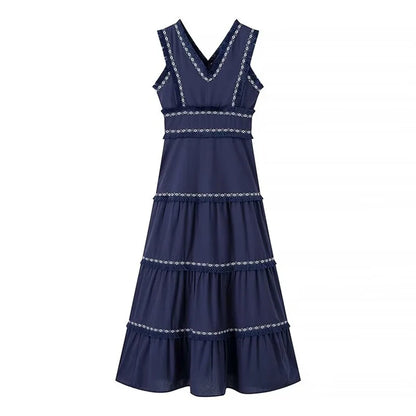 PB&ZA2024 Summer New Product: Casual Women's Fashion V-neck Sleeveless Waist Collection with Tassel Decoration Dress DEEP BLUE