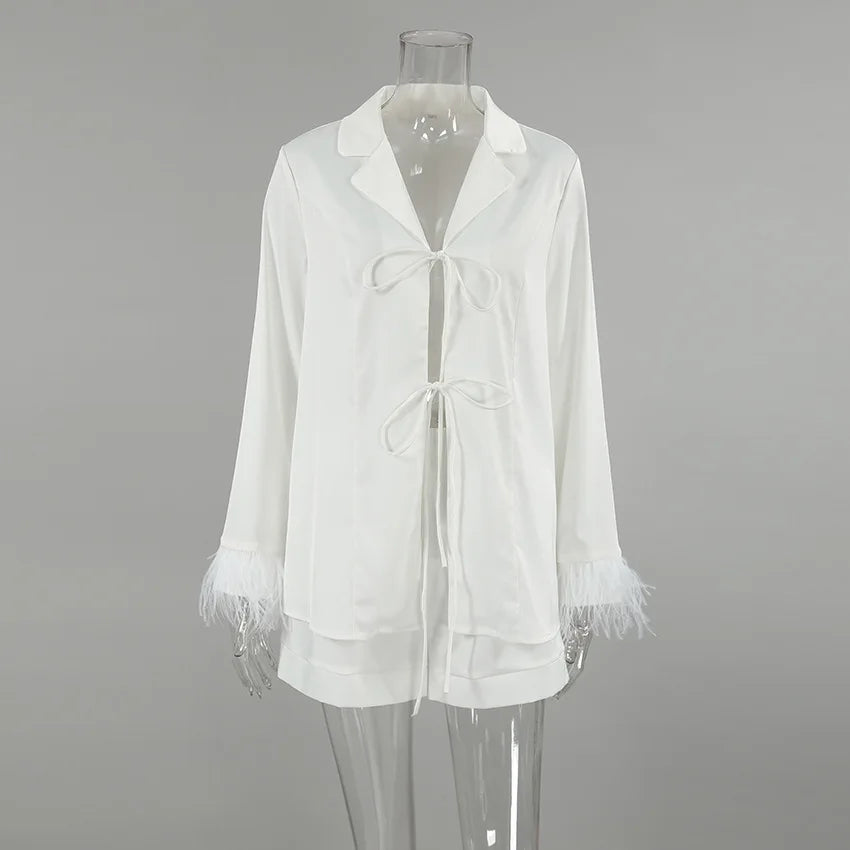 Mozuleva Women's Long Sleeved Lace Up Casual Shirt Pajamas Set Feather Sleeves Shorts Home Clothing Autumn Fashion 2-piece Set