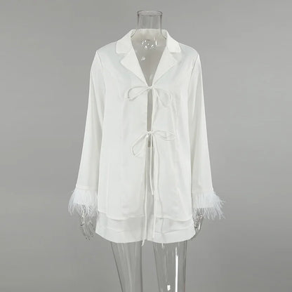 Mozuleva Women's Long Sleeved Lace Up Casual Shirt Pajamas Set Feather Sleeves Shorts Home Clothing Autumn Fashion 2-piece Set