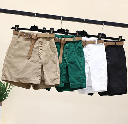 Chic Shorts Women Belt Korean Solid Buttons Side Slit A-line Streetwear Fashion Skirts Chic Harajuku Summer Loose Pants
