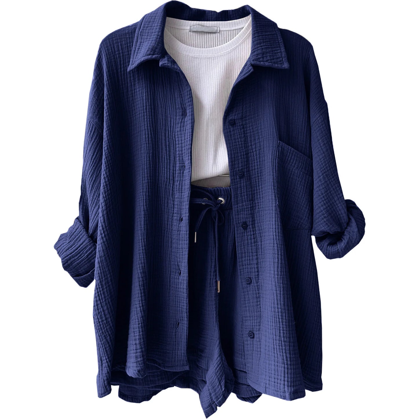 Short Sets Women Tracksuit Single Breasted Cardigan Blouses Two Pieces Shorts Loose Button High Street Solid Pockets Folds Navy