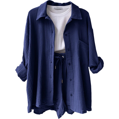 Short Sets Women Tracksuit Single Breasted Cardigan Blouses Two Pieces Shorts Loose Button High Street Solid Pockets Folds Navy