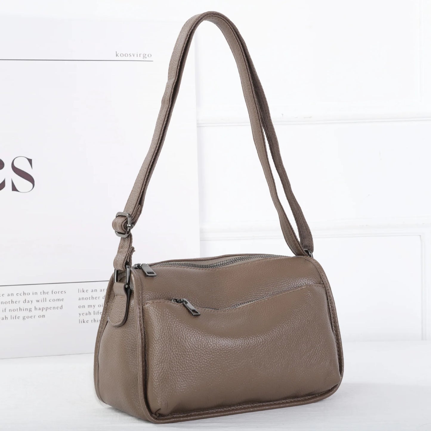 Women's Top-Grain Cowhide Leather Shoulder Bag Spacious Minimalist Crossbody for Effortless Commuting Tote with Adjustable Strap khaki 27 x 11.5 x 18 cm