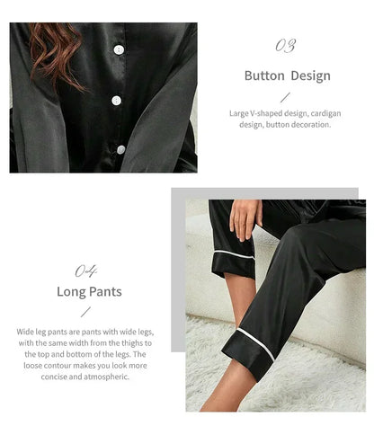 Spring Autumn Silk Pajamas Set for Women Casual Soft Nightwear Long Shirt Tops and Long Pants Cardigan Sleepwear Homewear