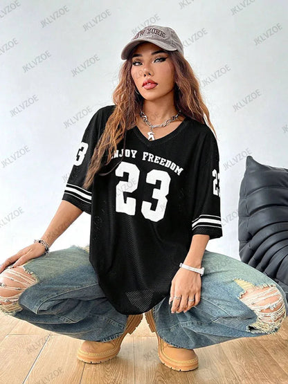 Summer New Black Enjoy Freedom 23 Print T-Shirt For Women V-Neck Short Sleeve Mesh Sports Football Jersey Y2K Oversized Tops TZ1127322