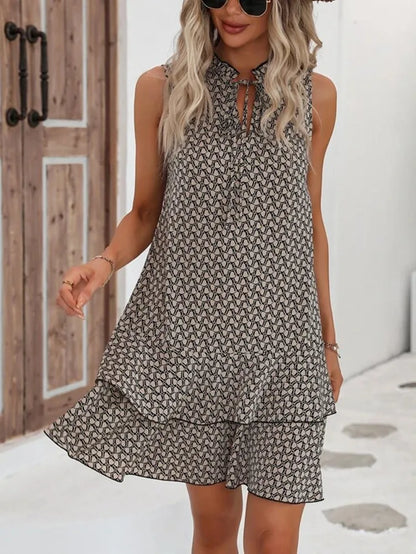 2025 Elegant Women's Casual Loose Ruffle Mini Dress Summer Bohemian Printed V-neck Lace-up Small Flying Sleeve Dresses For Women