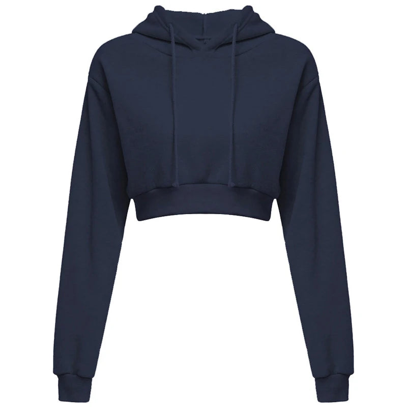 New Fashion Women Hoodie Sweatshirt Short Top Coat Sport Pullover Hooded Tops Female Autumn Winter Clothes Crop Top Hoodie DEEP BLUE