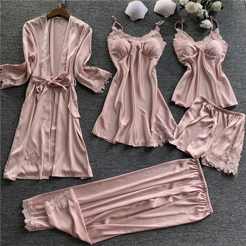 Pajamas Five Piece Set Sexy Lace Trim Nightgown Nightwear Spring Summer Women Bath Robe Loose Silk Satin Home Wear Pijamas Suit Pink 5PCS Set B