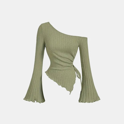 women's New off shoulder cross long sleeved slim fit casual street style asymmetrical elegant T-shirt trumpet sleeve top