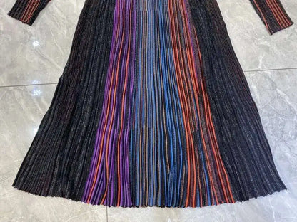 QMQA Fashion Women's Gradient Stripes Design Dresses V Neck High Waist Long Sleeve Elegant Party Dress Female Spring New 1A116 Badiee Stylez