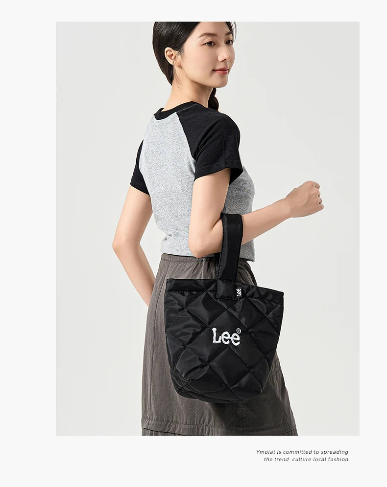 LEE Ladies Cute Design Puffer Bag Casual Soft Small Pink White Quilted Handbag Women Korean Style Down-filled Phone Bucket Bag
